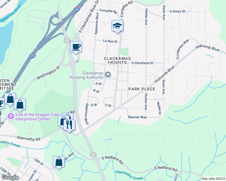 map of restaurants, bars, coffee shops, grocery stores, and more near 542 C Street in Oregon City