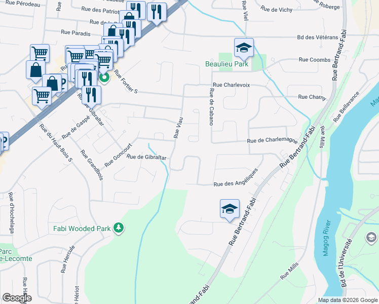 map of restaurants, bars, coffee shops, grocery stores, and more near 4687 Rue des Chanterelles in Sherbrooke