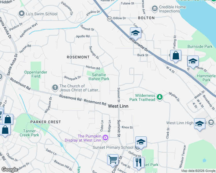 map of restaurants, bars, coffee shops, grocery stores, and more near 5202 Nelco Circle in West Linn