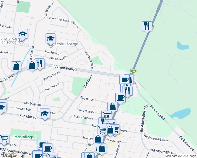 map of restaurants, bars, coffee shops, grocery stores, and more near 14 Place de L'Oree in Châteauguay