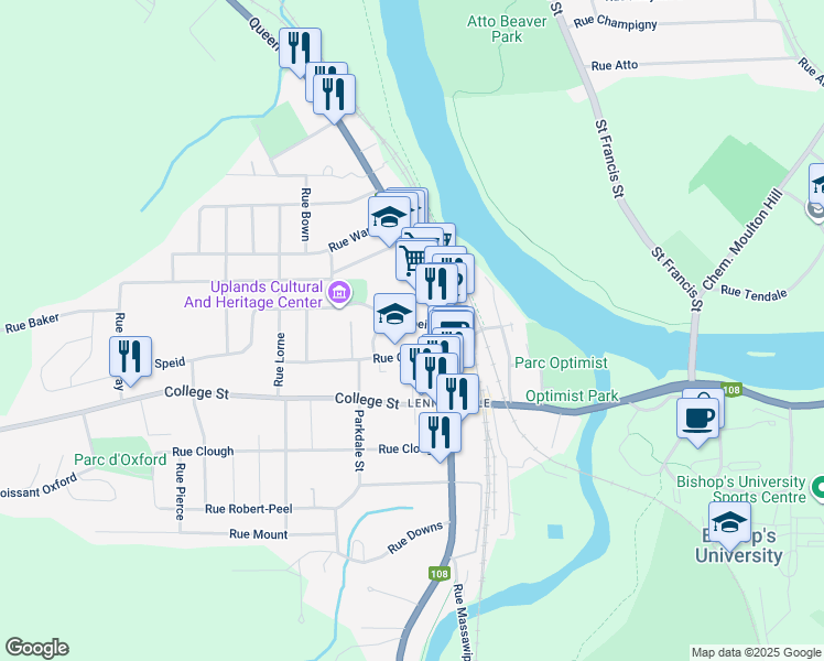 map of restaurants, bars, coffee shops, grocery stores, and more near 5 Rue Speid in Sherbrooke