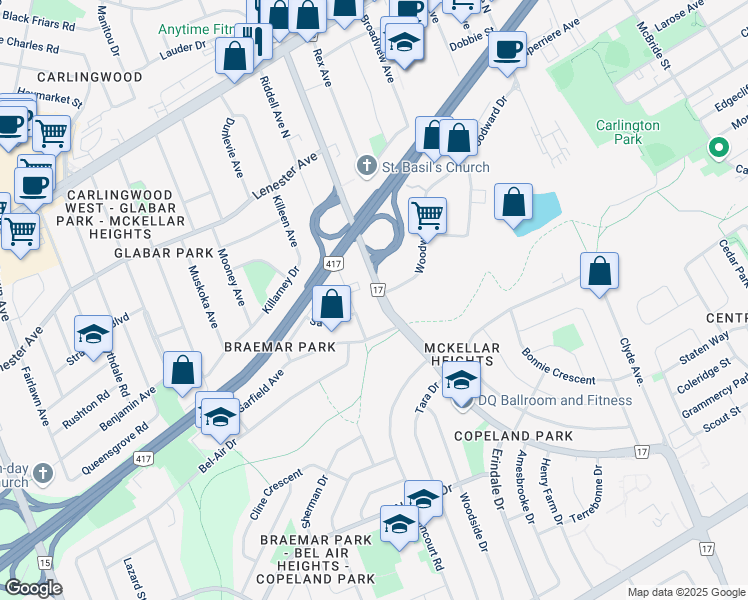 map of restaurants, bars, coffee shops, grocery stores, and more near 999 Riddell Avenue South in Ottawa