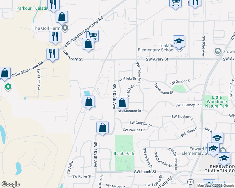 map of restaurants, bars, coffee shops, grocery stores, and more near 20869 Southwest 104th Avenue in Tualatin