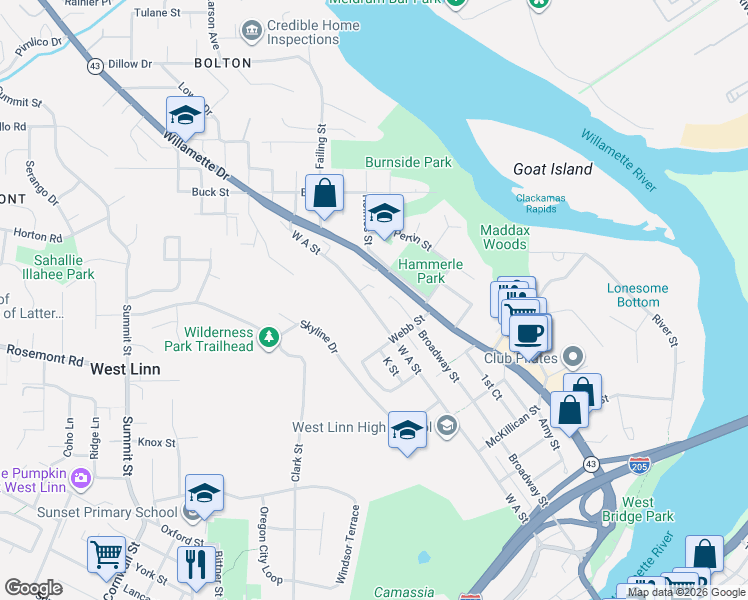 map of restaurants, bars, coffee shops, grocery stores, and more near in West Linn