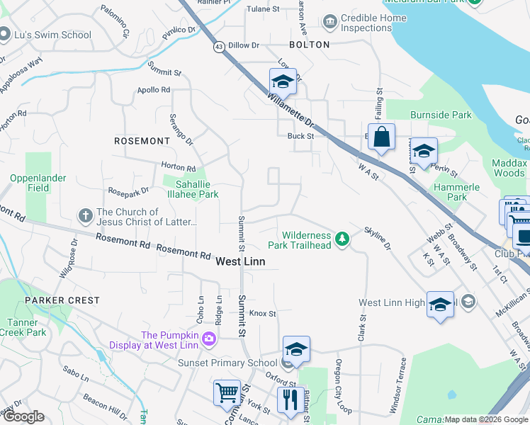map of restaurants, bars, coffee shops, grocery stores, and more near 6281 Bridgeview Drive in West Linn