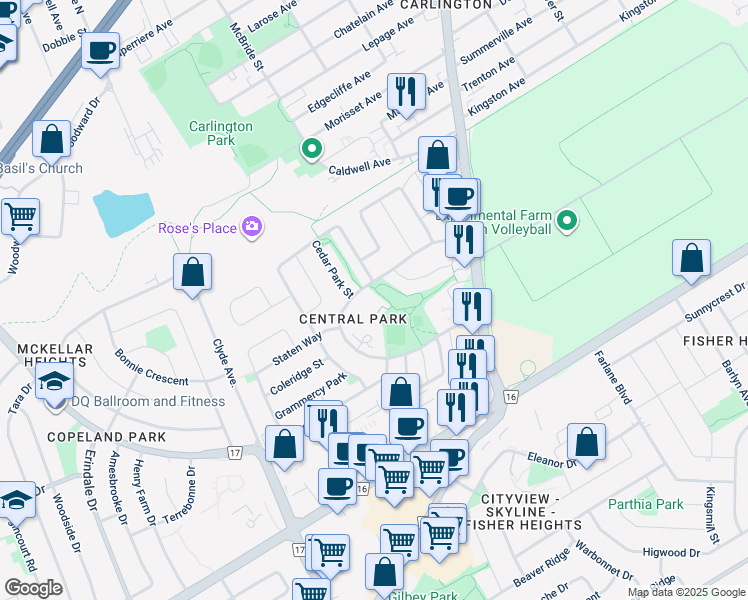 map of restaurants, bars, coffee shops, grocery stores, and more near 2 Whitestone Drive in Ottawa
