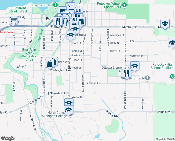 map of restaurants, bars, coffee shops, grocery stores, and more near 915 Waukazoo Avenue in Petoskey