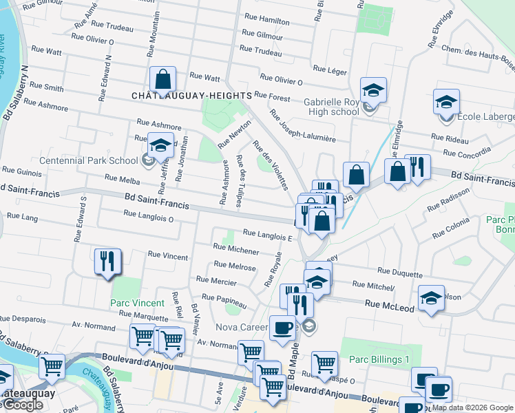 map of restaurants, bars, coffee shops, grocery stores, and more near 174 Rue des Gardénias in Châteauguay