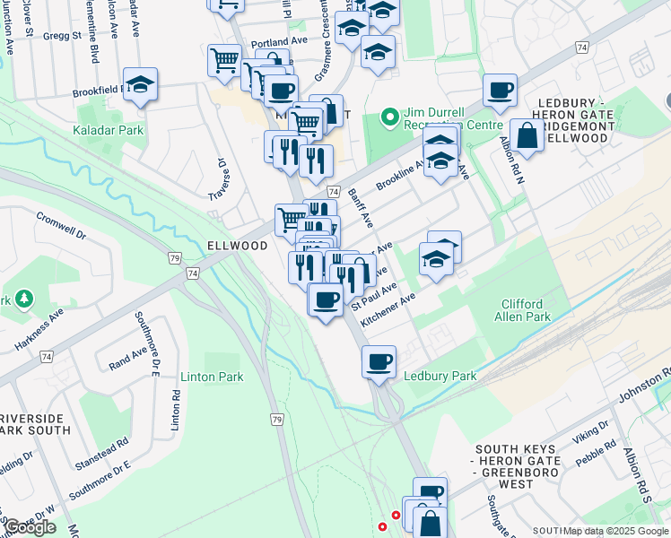 map of restaurants, bars, coffee shops, grocery stores, and more near 1213 Vancouver Avenue in Ottawa