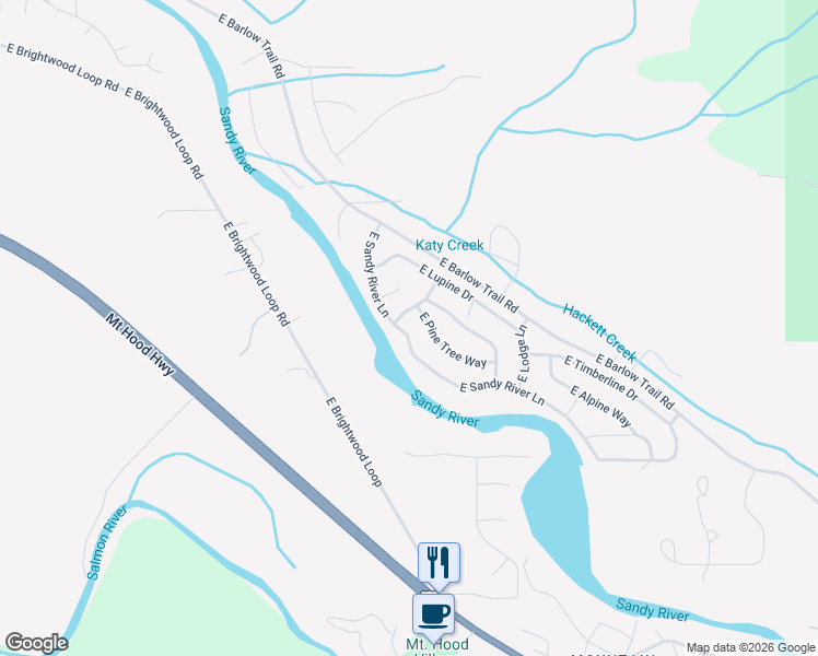 map of restaurants, bars, coffee shops, grocery stores, and more near 21322 East Alder Lane in Rhododendron