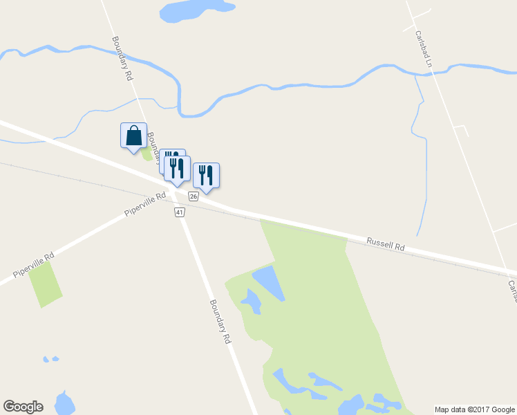 map of restaurants, bars, coffee shops, grocery stores, and more near 6585 Russell Road in Ottawa