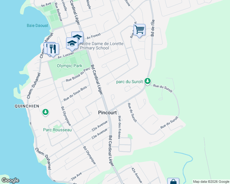 map of restaurants, bars, coffee shops, grocery stores, and more near 814 Rue des Aulnaies in Pincourt