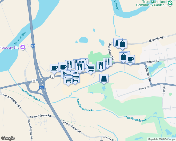 map of restaurants, bars, coffee shops, grocery stores, and more near 109 Robie Street in Truro