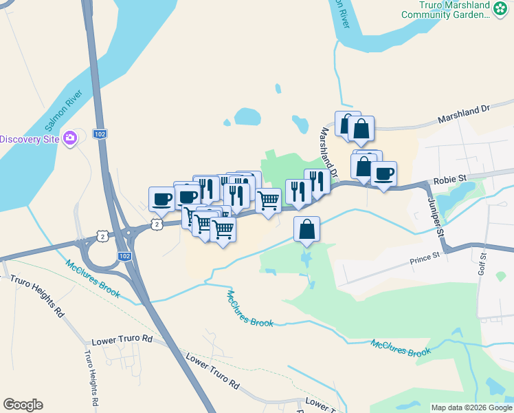 map of restaurants, bars, coffee shops, grocery stores, and more near 109 Robie Street in Truro