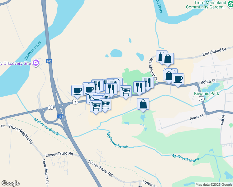 map of restaurants, bars, coffee shops, grocery stores, and more near 99 Robie Street in Truro