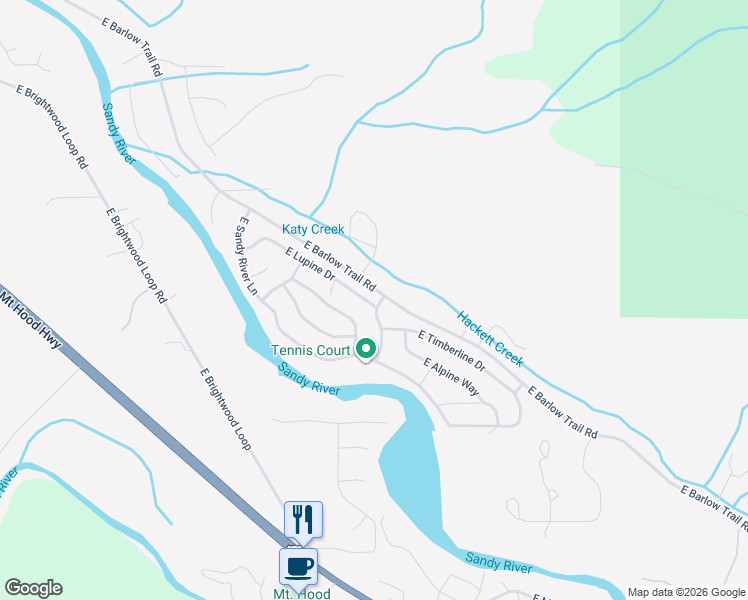 map of restaurants, bars, coffee shops, grocery stores, and more near 21351 East Mountain Creek Circle in Rhododendron