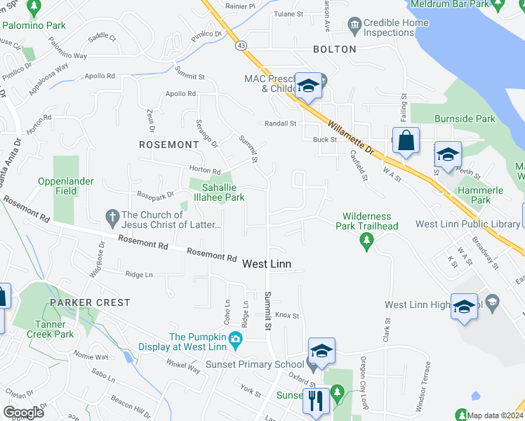 map of restaurants, bars, coffee shops, grocery stores, and more near 5204 Summit Street in West Linn