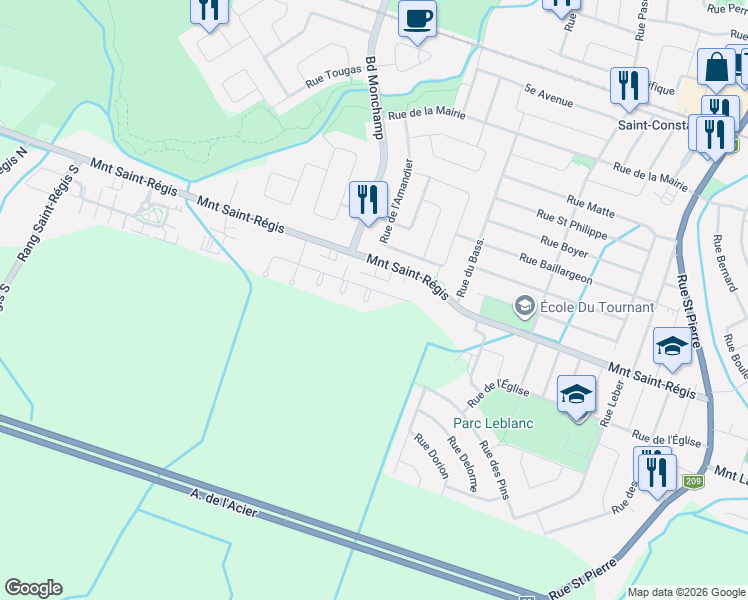 map of restaurants, bars, coffee shops, grocery stores, and more near 78 Rue du Gardénia in Saint-Constant