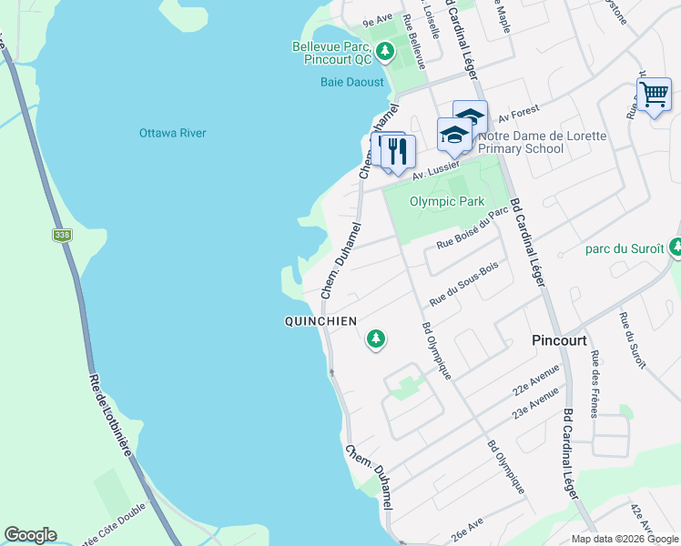 map of restaurants, bars, coffee shops, grocery stores, and more near 419 Chemin Duhamel in Pincourt