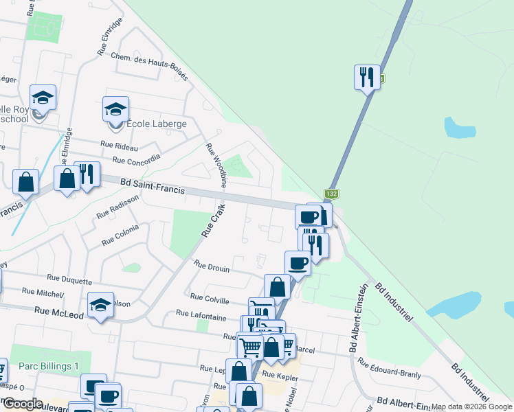 map of restaurants, bars, coffee shops, grocery stores, and more near 378 Boulevard Saint-Francis in Châteauguay