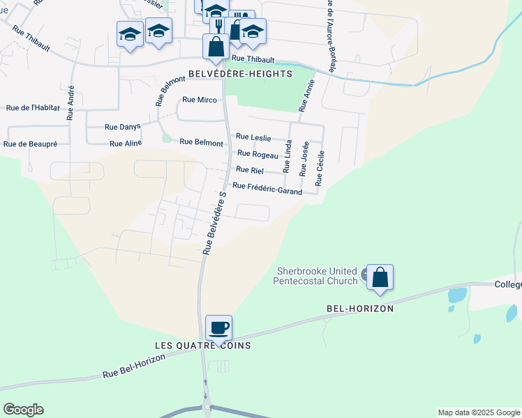 map of restaurants, bars, coffee shops, grocery stores, and more near 590 Rue McDonald in Sherbrooke
