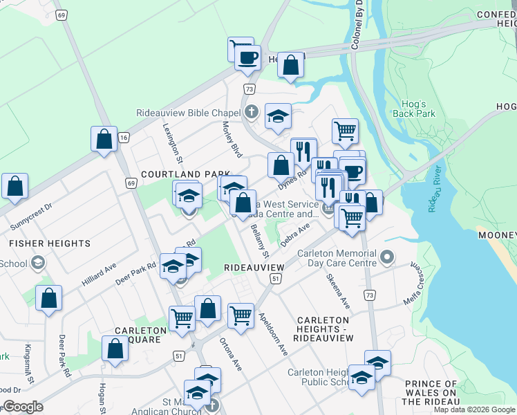map of restaurants, bars, coffee shops, grocery stores, and more near 861 Dynes Road in Ottawa