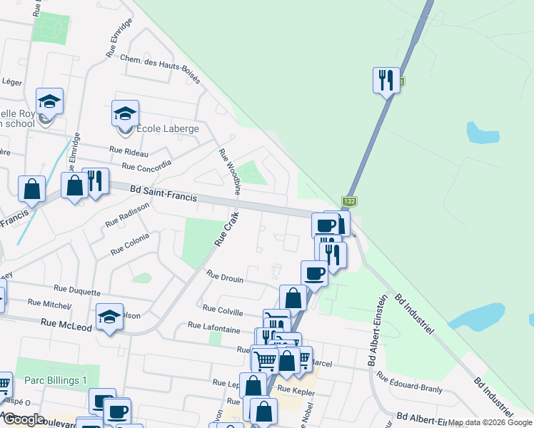 map of restaurants, bars, coffee shops, grocery stores, and more near 378 Boulevard Saint-Francis in Châteauguay