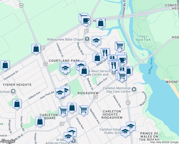 map of restaurants, bars, coffee shops, grocery stores, and more near 962 Dynes Road in Ottawa