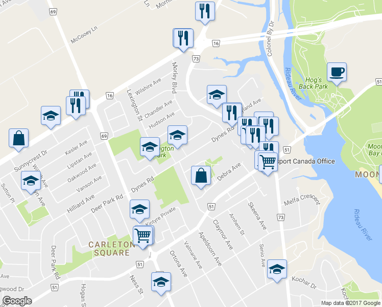 map of restaurants, bars, coffee shops, grocery stores, and more near 861 Dynes Rd in Ottawa