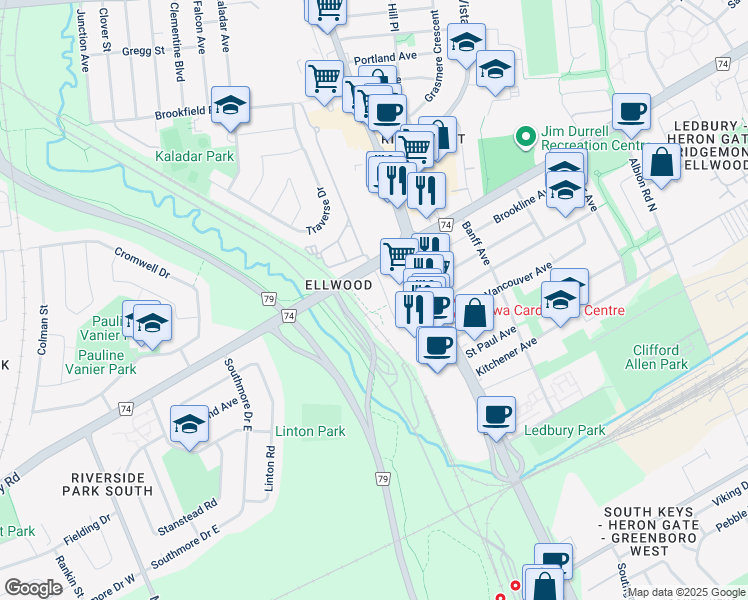 map of restaurants, bars, coffee shops, grocery stores, and more near 555 Anand Private in Ottawa