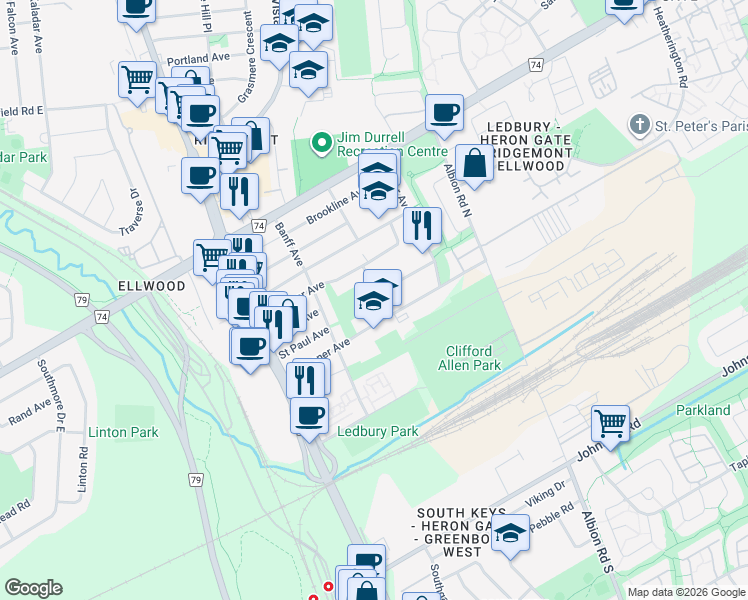 map of restaurants, bars, coffee shops, grocery stores, and more near 1990 Cochrane Street in Ottawa