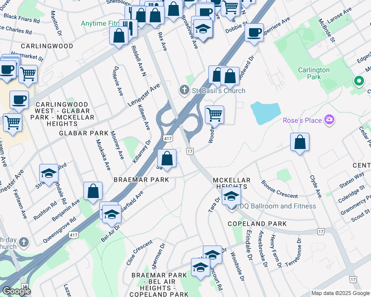 map of restaurants, bars, coffee shops, grocery stores, and more near 999 Riddell Avenue South in Ottawa