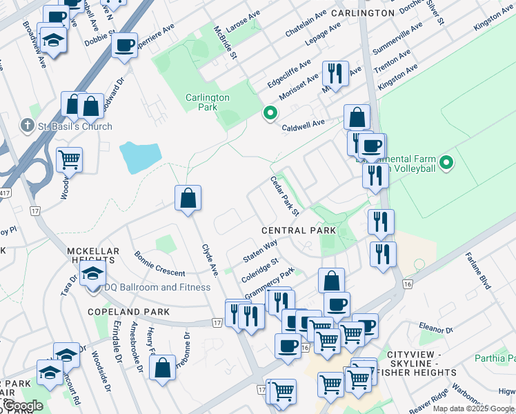 map of restaurants, bars, coffee shops, grocery stores, and more near 94 Whitestone Drive in Ottawa