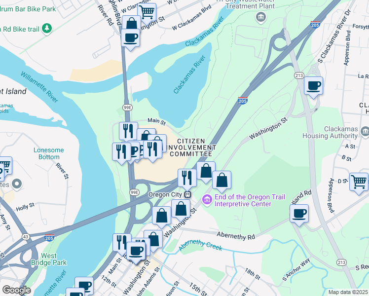 map of restaurants, bars, coffee shops, grocery stores, and more near 1913 Main Street in Oregon City