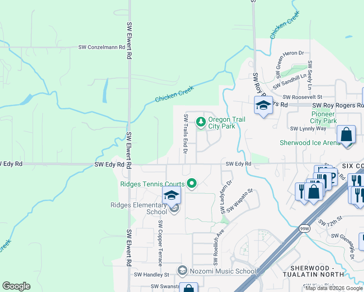 map of restaurants, bars, coffee shops, grocery stores, and more near 20831 Southwest Trails End Drive in Sherwood