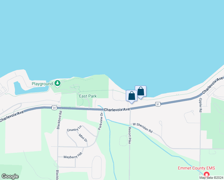 map of restaurants, bars, coffee shops, grocery stores, and more near Little Traverse Wheelway in Petoskey