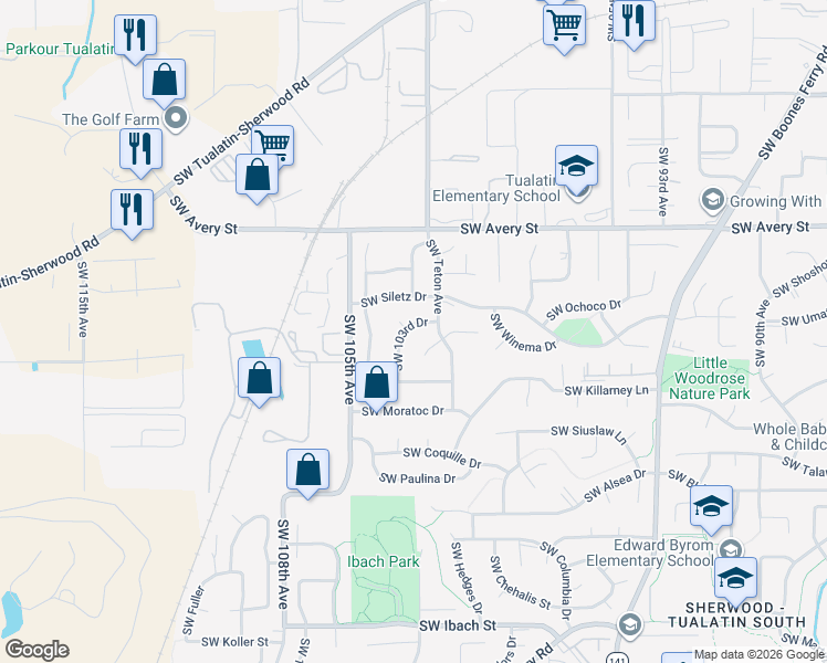 map of restaurants, bars, coffee shops, grocery stores, and more near 20860 Southwest 103rd Drive in Tualatin