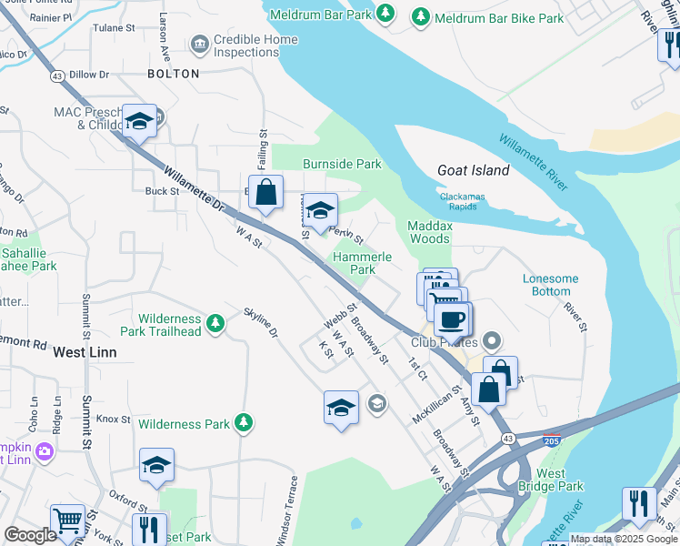map of restaurants, bars, coffee shops, grocery stores, and more near 5933 Holmes Street in West Linn
