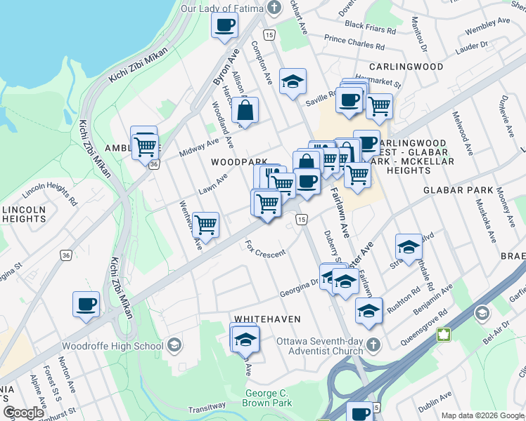 map of restaurants, bars, coffee shops, grocery stores, and more near 2255 Carling Avenue in Ottawa