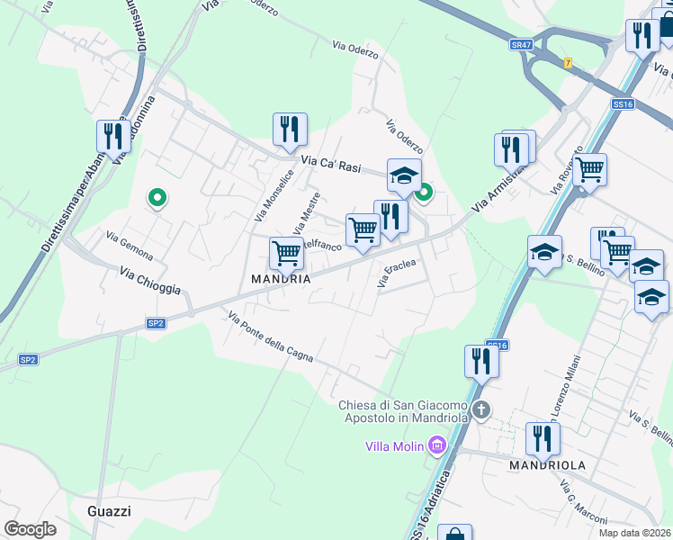 map of restaurants, bars, coffee shops, grocery stores, and more near 26 Via Romana Aponense in Padova