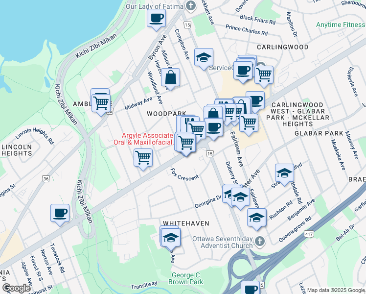 map of restaurants, bars, coffee shops, grocery stores, and more near in Ottawa