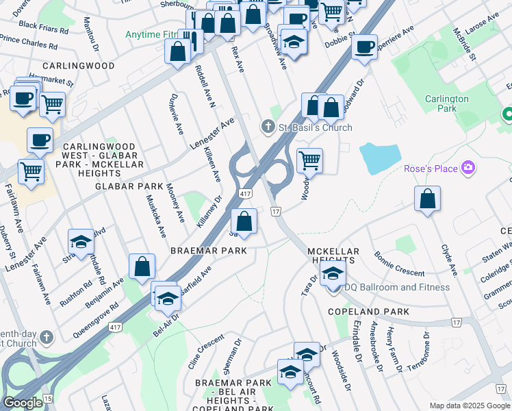 map of restaurants, bars, coffee shops, grocery stores, and more near 999 Riddell Avenue South in Ottawa
