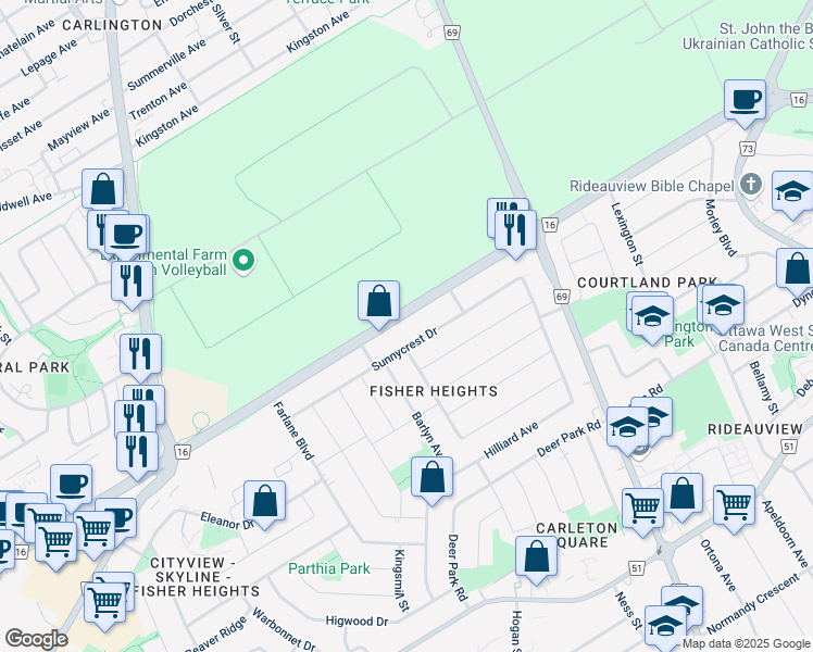 map of restaurants, bars, coffee shops, grocery stores, and more near in Ottawa