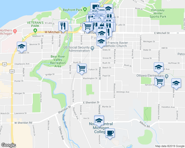 map of restaurants, bars, coffee shops, grocery stores, and more near 915 Petoskey Street in Petoskey