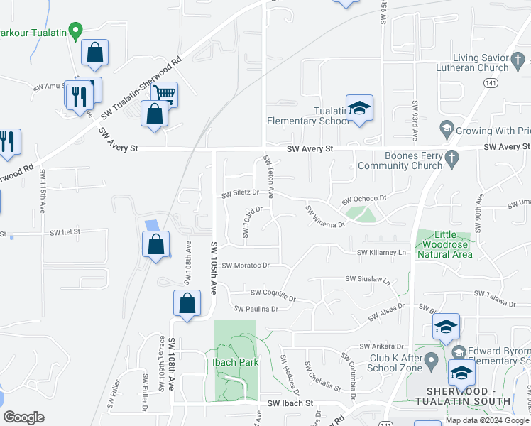 map of restaurants, bars, coffee shops, grocery stores, and more near 20830 Southwest 103rd Drive in Tualatin