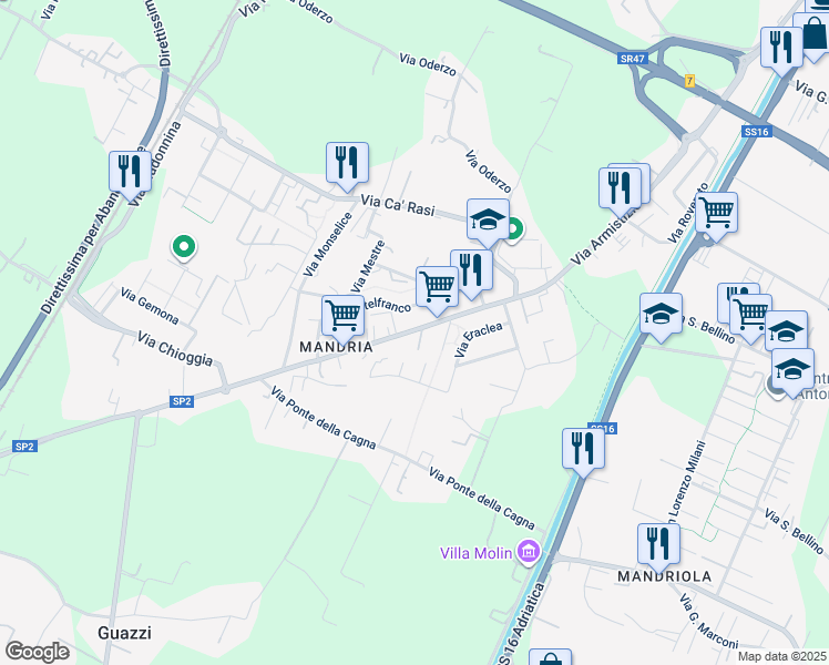 map of restaurants, bars, coffee shops, grocery stores, and more near 26 Via Romana Aponense in Padova