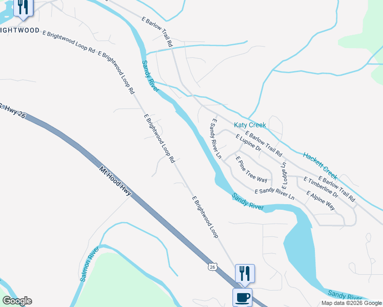 map of restaurants, bars, coffee shops, grocery stores, and more near 64277 East Brightwood Loop Road in Mount Hood Village