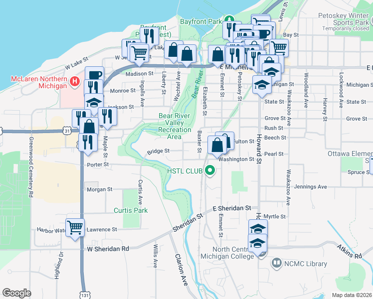 map of restaurants, bars, coffee shops, grocery stores, and more near 911 Franklin Street in Petoskey