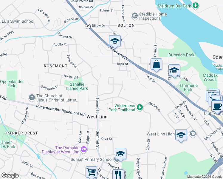 map of restaurants, bars, coffee shops, grocery stores, and more near 6281 Bridgeview Drive in West Linn