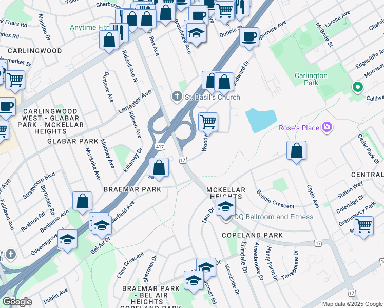 map of restaurants, bars, coffee shops, grocery stores, and more near 1837 Woodward Drive in Ottawa